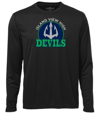 Island View High School - Black Island View Devils Long Sleeve Moist Wick Shirt (Full Chest Logo)