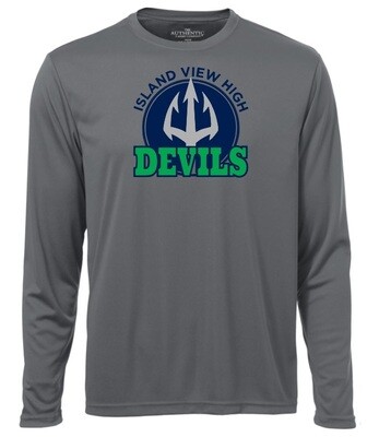 Island View High School - Coal Grey Island View Devils Long Sleeve Moist Wick Shirt (Full Chest Logo)