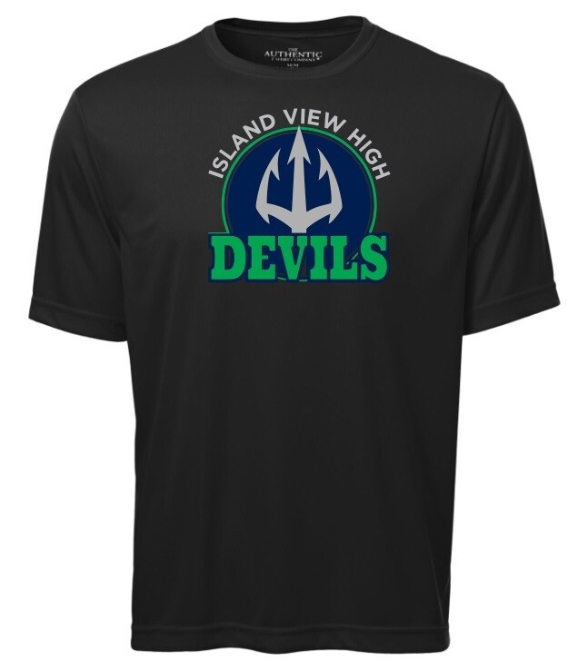 Island View High School - Black Island View Devils Short Sleeve Moist Wick (Full Chest Logo)