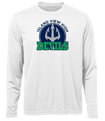 Island View High School - White Island View Devils Long Sleeve Moist Wick Shirt (Full Chest Logo)