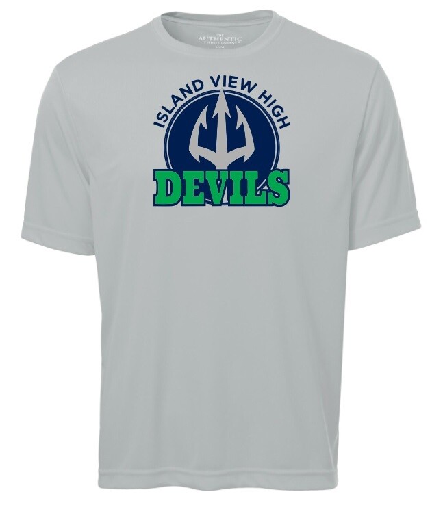 Island View High School - Silver Island View Devils Short Sleeve Moist Wick (Full Chest Logo)