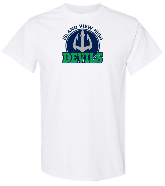 Island View High School - White Island View Devils T-Shirt (Full Chest Logo)
