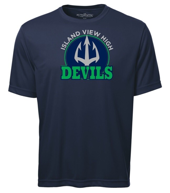 Island View High School - Navy Island View Devils Short Sleeve Moist Wick (Full Chest Logo)