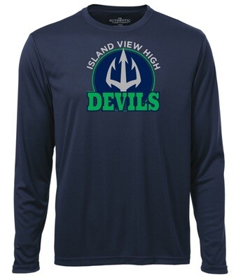 Island View High School - Navy Island View Devils Long Sleeve Moist Wick Shirt (Full Chest Logo)