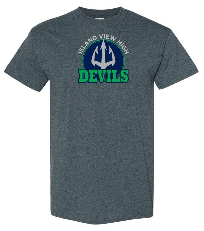 Island View High School - Dark Heather Grey Island View Devils T-Shirt (Full Chest Logo)