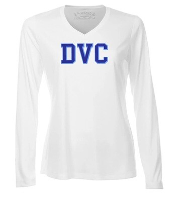 Dartmouth Volleyball Club - White DVC Ladies Long Sleeve Moist Wick Shirt (Full Chest Logo)