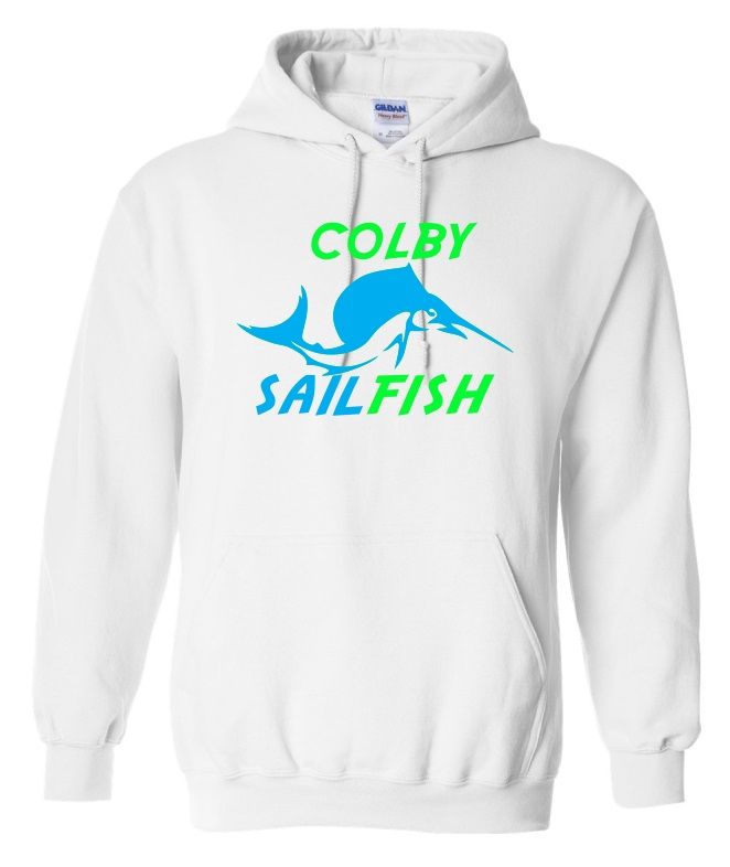 Colby Sailfish -  White Hoodie with Green/Blue Colby Sailfish Logo (Full Chest)