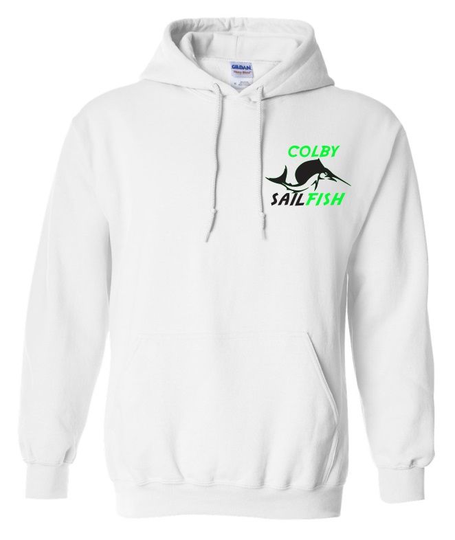 Colby Sailfish -  White Hoodie with Green/Black Colby Sailfish Logo (Left Chest)