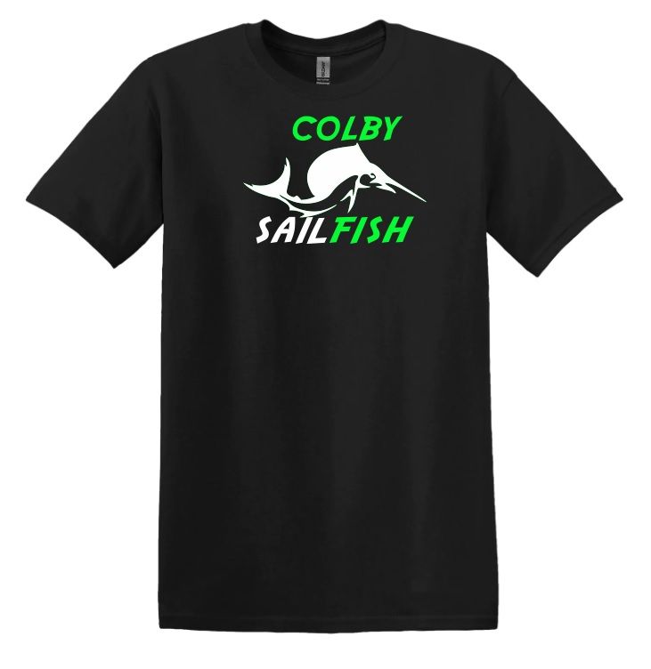 Colby Sailfish - Black T-Shirt  with Green/White Colby Sailfish Logo (Full Chest)