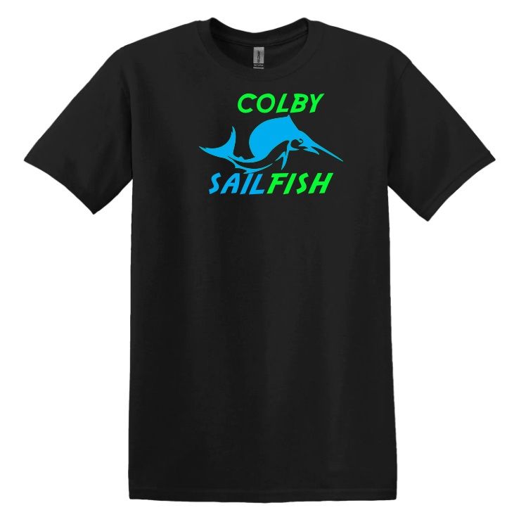 Colby Sailfish - Black T-Shirt  with Green/Blue Colby Sailfish Logo (Full Chest)
