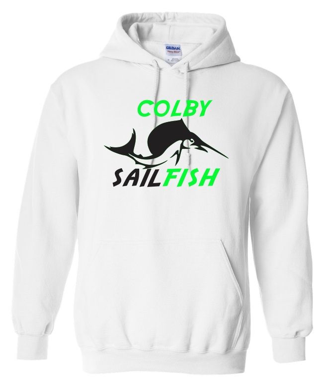 Colby Sailfish -  White Hoodie with Green/Black Colby Sailfish Logo (Full Chest)