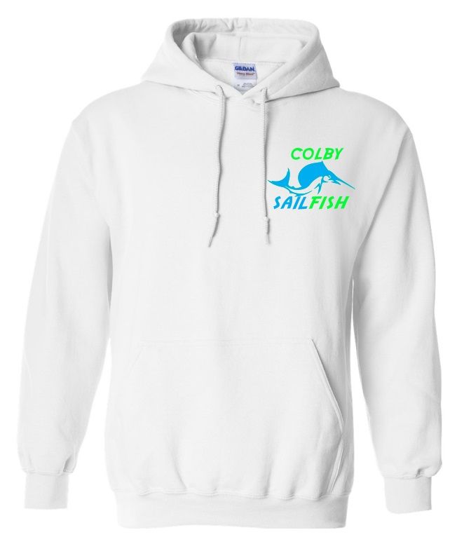 Colby Sailfish -  White Hoodie with Green/Blue Colby Sailfish Logo (Left Chest)