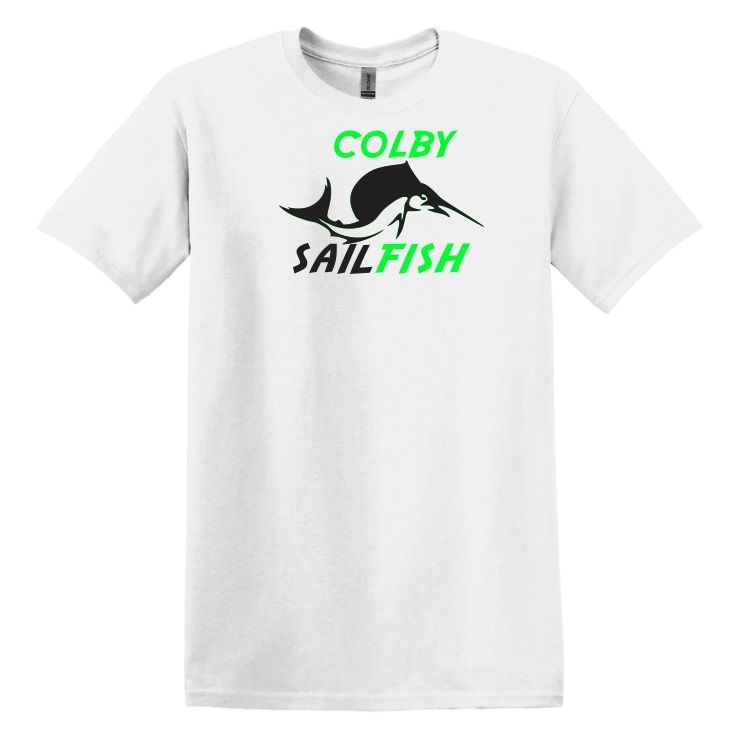 Colby Sailfish - White T-Shirt  with Green/Black Colby Sailfish Logo (Full Chest)