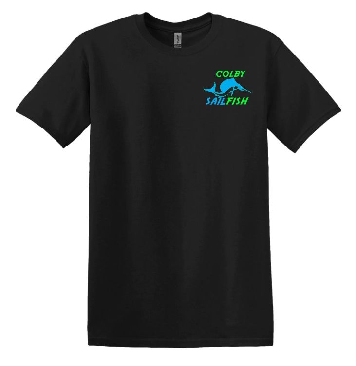 Colby Sailfish - Black T-Shirt with Green/Blue Colby Sailfish Logo (Left Chest)