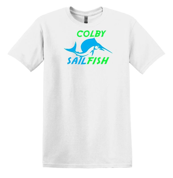 Colby Sailfish - White T-Shirt  with Green/Blue Colby Sailfish Logo (Full Chest)