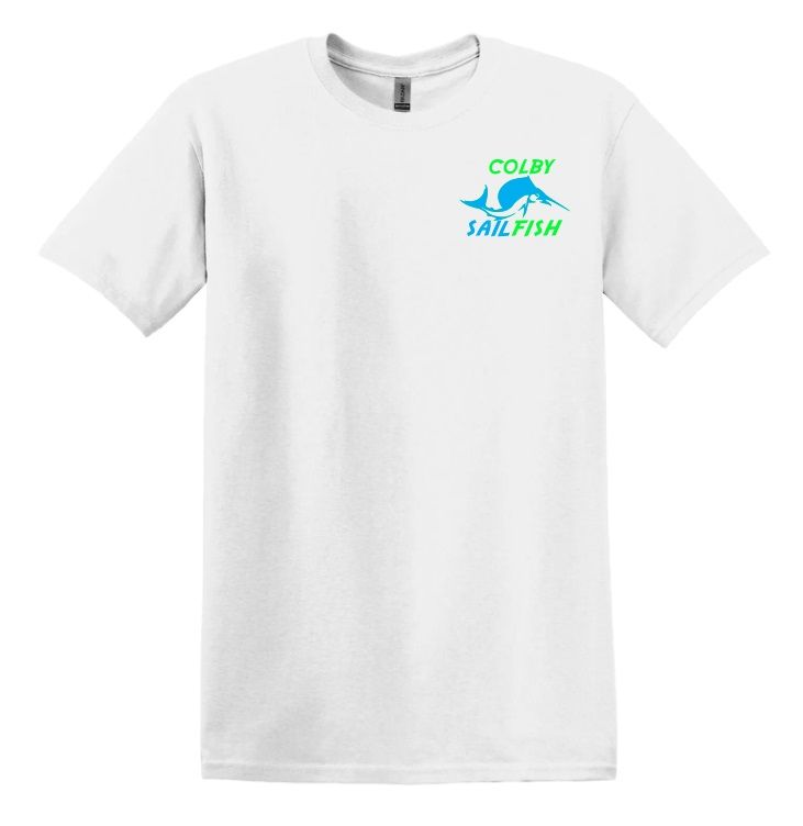 Colby Sailfish - White T-Shirt with Green/Blue Colby Sailfish Logo (Left Chest)