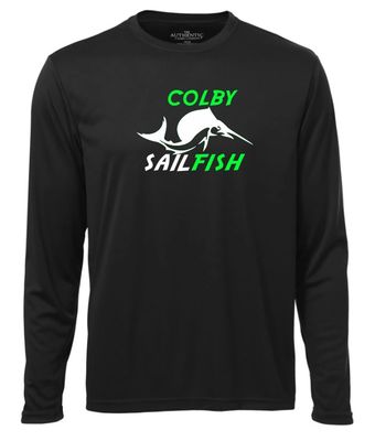 Colby Sailfish - Black Long Sleeve Moist Wick Shirt with Green/White Colby Sailfish Logo (Full Chest)