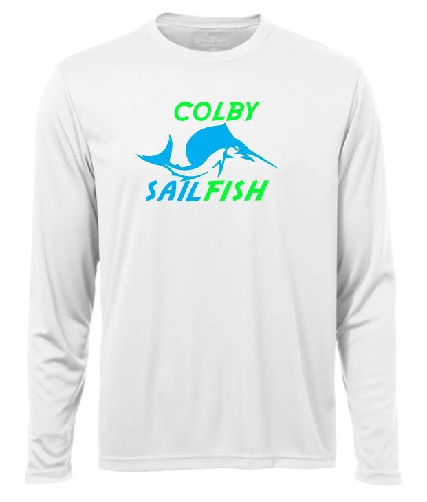 Colby Sailfish - White Long Sleeve Moist Wick Shirt with Green/Blue Colby Sailfish Logo (Full Chest)