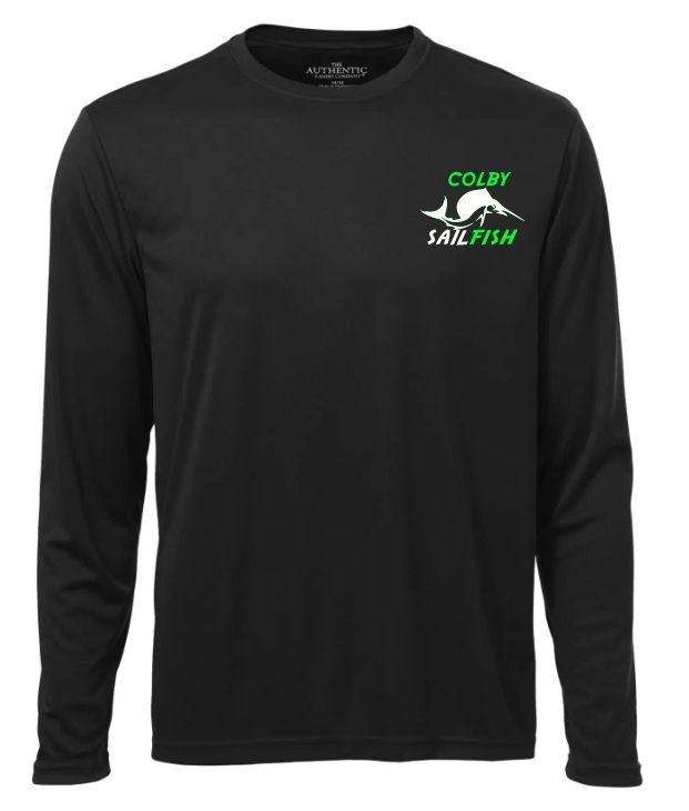 Colby Sailfish - Black Long Sleeve Moist Wick Shirt with Green/White Colby Sailfish Logo (Left Chest)