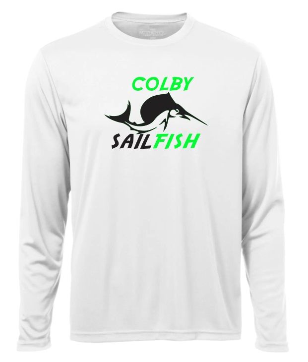 Colby Sailfish - White Long Sleeve Moist Wick Shirt with Green/Black Colby Sailfish Logo (Full Chest)