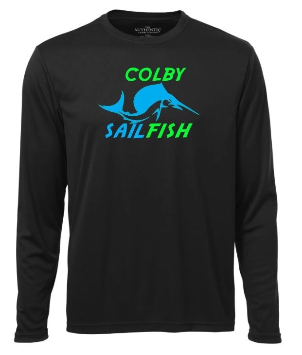 Colby Sailfish - Black Long Sleeve Moist Wick Shirt with Blue/Green Colby Sailfish Logo (Full Chest)