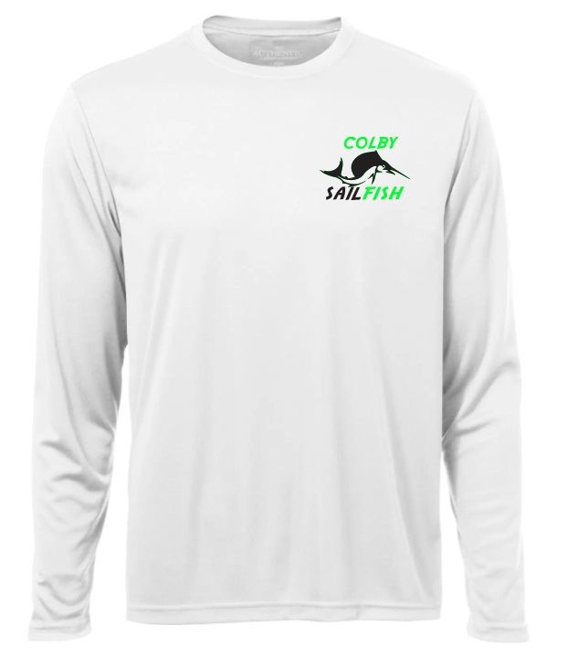 Colby Sailfish - White Long Sleeve Moist Wick Shirt with Green/Black Colby Sailfish Logo (Left Chest)