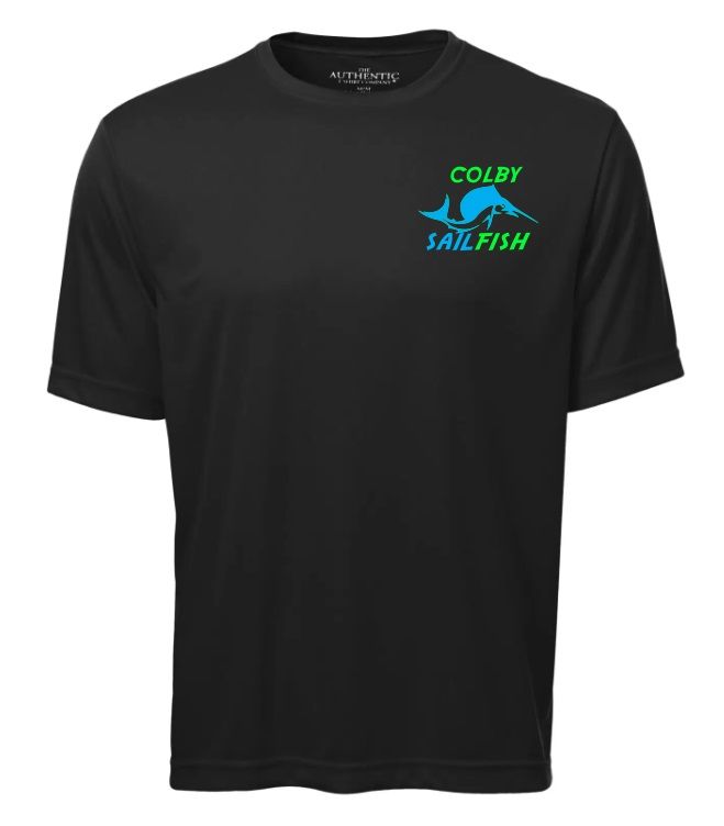 Colby Sailfish - Black Short Sleeve Moist Wick Shirt with Green/Blue Colby Sailfish Logo (Left Chest)