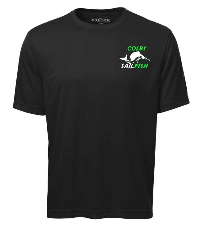 Colby Sailfish - Black Short Sleeve Moist Wick Shirt with Green/White Colby Sailfish Logo (Left Chest)