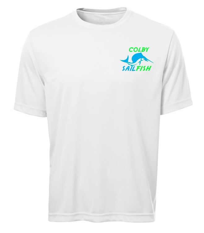 Colby Sailfish - White Short Sleeve Moist Wick Shirt with Green/Blue Colby Sailfish Logo (Left Chest)
