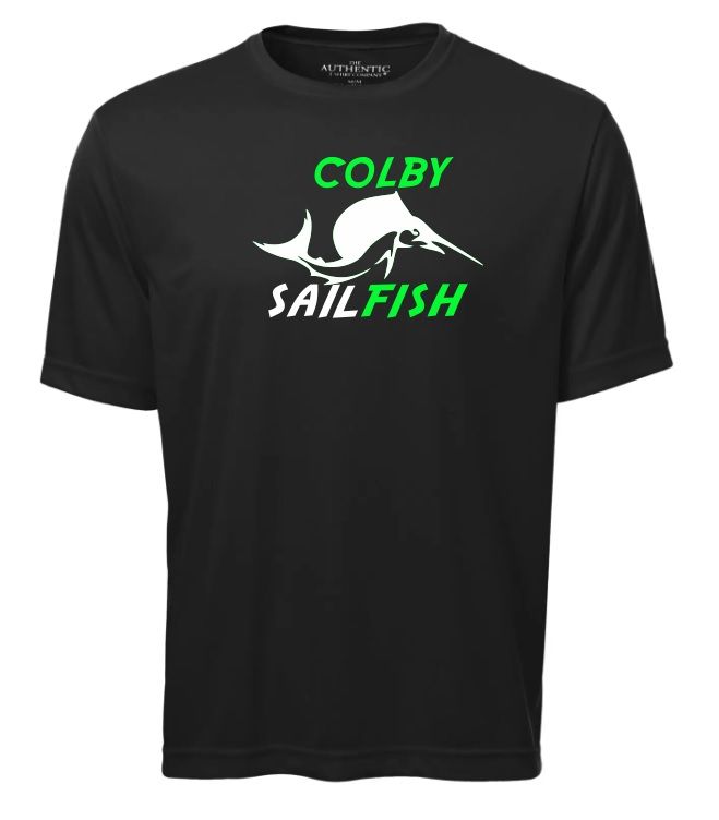 Colby Sailfish - Black Short Sleeve Moist Wick Shirt with Green/White Colby Sailfish Logo (Full Chest)