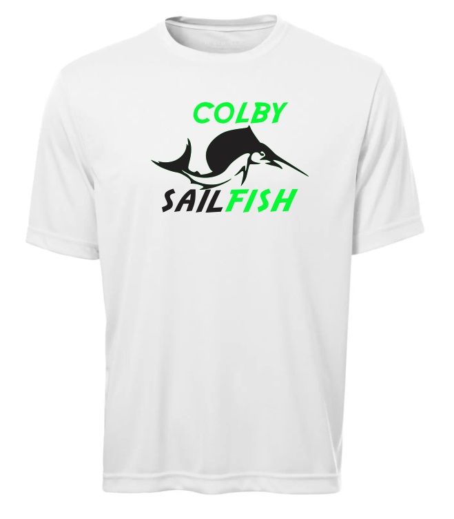 Colby Sailfish - White Short Sleeve Moist Wick Shirt with Green/Black Colby Sailfish Logo (Full Chest)