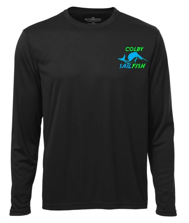 Colby Sailfish - Black Long Sleeve Moist Wick Shirt with Green/Blue Colby Sailfish Logo (Left Chest)