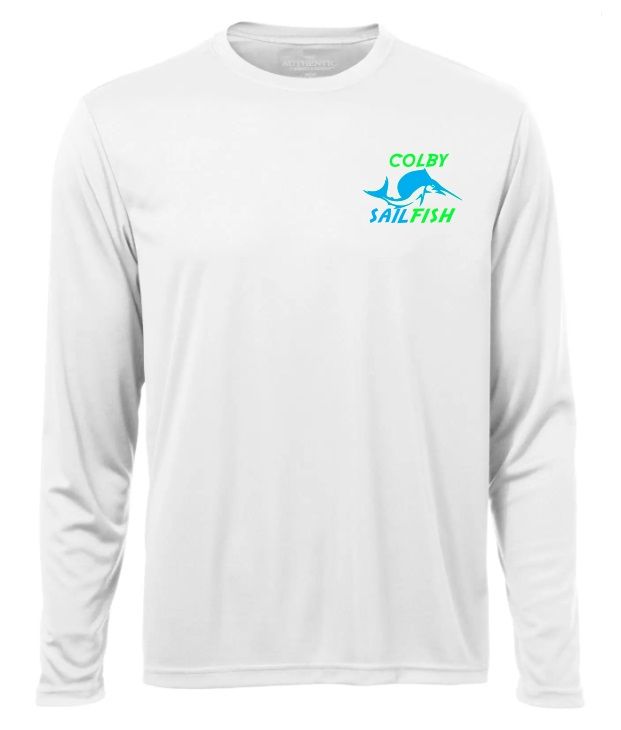 Colby Sailfish - White Long Sleeve Moist Wick Shirt with Green/Blue Colby Sailfish Logo (Left Chest)