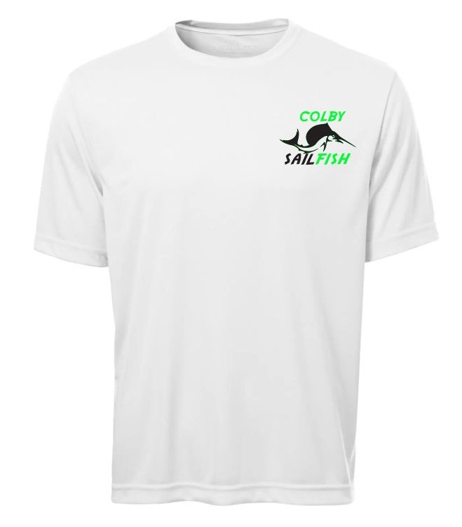 Colby Sailfish - White Short Sleeve Moist Wick Shirt with Green/Black Colby Sailfish Logo (Left Chest)