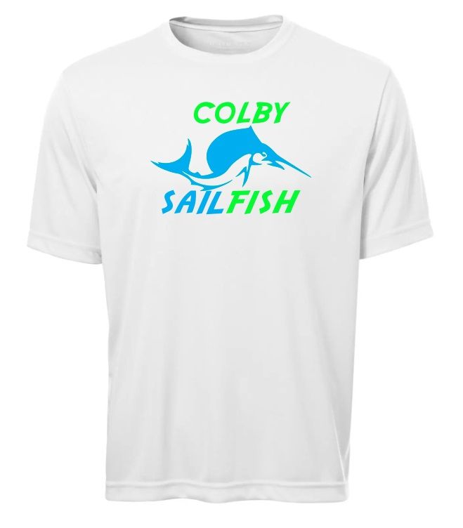 Colby Sailfish - White Short Sleeve Moist Wick Shirt with Green/Blue Colby Sailfish Logo (Full Chest)