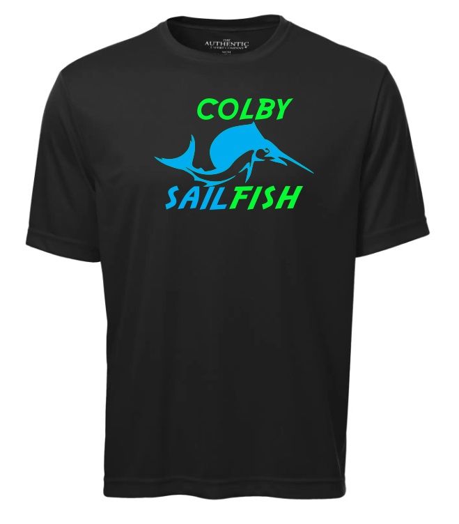 Colby Sailfish - Black Short Sleeve Moist Wick Shirt with Green/Blue Colby Sailfish Logo (Full Chest)