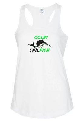 Colby Sailfish - White Racerback Tank with Green/Black Colby Sailfish Logo (Full Chest)