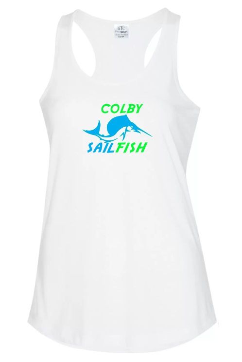 Colby Sailfish - White Racerback Tank with Green/Blue Colby Sailfish Logo (Full Chest)