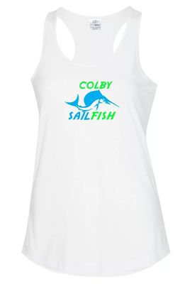 Colby Sailfish - White Racerback Tank with Green/Blue Colby Sailfish Logo (Full Chest)