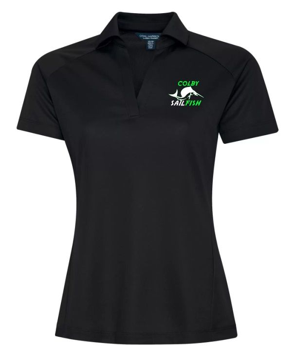 Colby Sailfish - Black Ladies Sport Shirt with Green/White Colby Sailfish Logo (Left Chest)