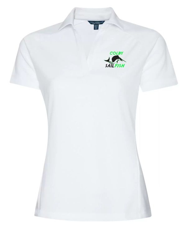 Colby Sailfish - White Ladies Sport Shirt with Green/Black Colby Sailfish Logo (Left Chest)