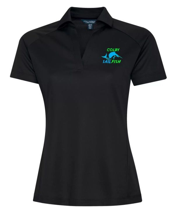 Colby Sailfish - Black Ladies Sport Shirt with Green/Blue Colby Sailfish Logo (Left Chest)