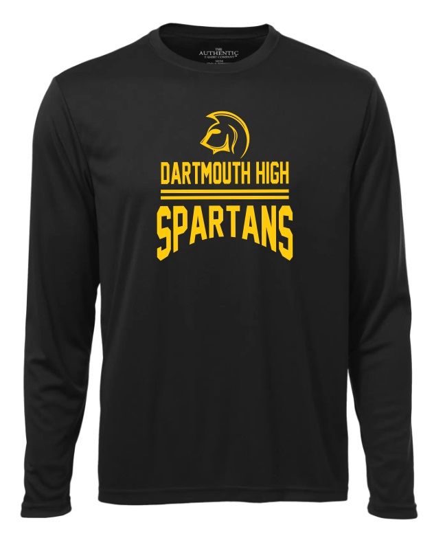 DHS - Black Dartmouth High Spartans Long Sleeve Moist Wick Shirt (Full Chest)