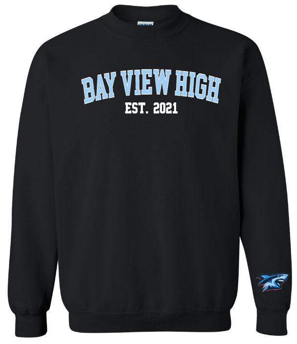 Bay View High - Black Bay View Est. 2021 Crewneck Sweatshirt (White/Light Blue, Full Chest)