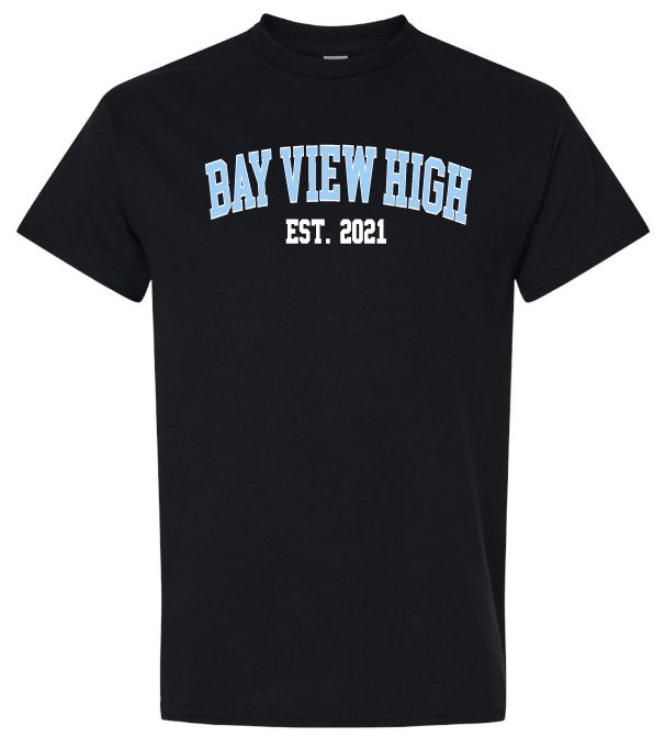 Bay View High - Black Bay View Est.2021 T-Shirt (White/Light Blue, Full Chest)