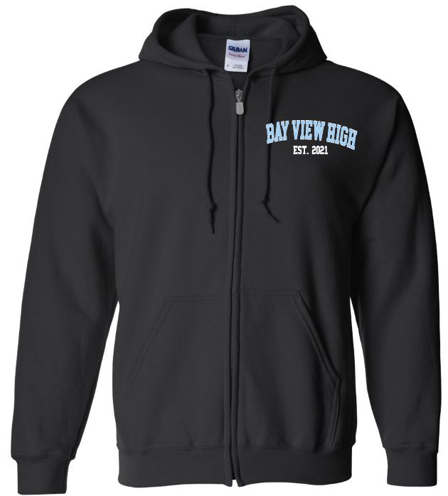 Bay View High - Black Bay View Est.2021 Zip Hoodie (White/Light Blue, Left Chest)