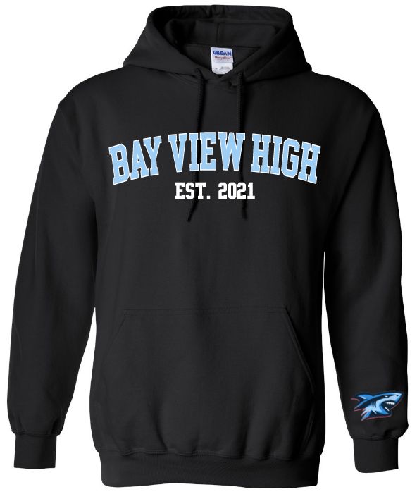 Bay View High - Black Bay View Est. 2021 Hoodie (White/Light Blue, Full Chest)