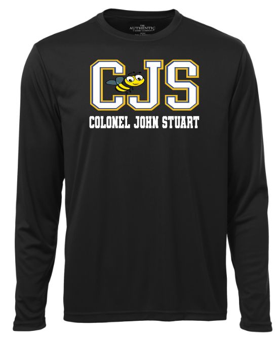 Colonel John Stuart Elementary - Black CJS with Bee Long Sleeve Moist Wick Shirt (Full Chest Logo)
