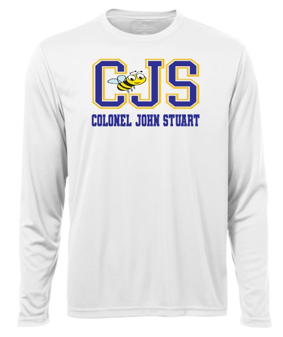 Colonel John Stuart Elementary - White CJS with Bee Long Sleeve Moist Wick Shirt (Full Chest Logo)