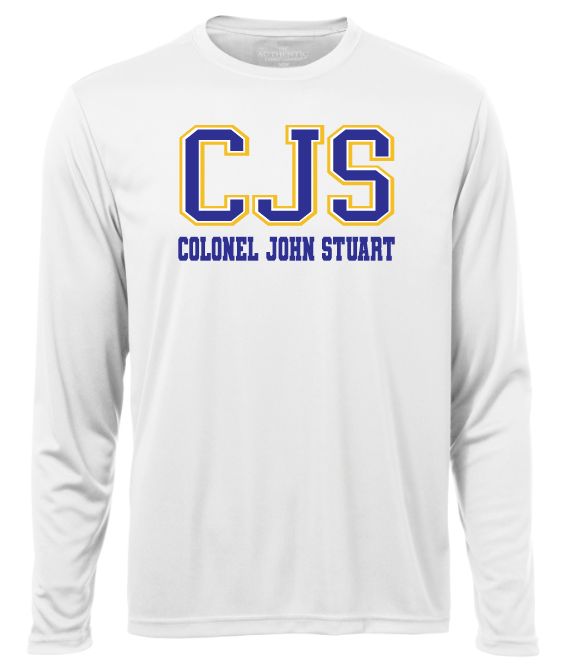 Colonel John Stuart Elementary - White CJS Long Sleeve Moist Wick Shirt (Full Chest Logo)